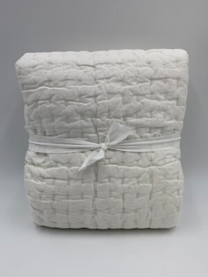 Pottery Barn Pick Stitch Handcrafted Cotton Linen Sham Euro White #H52-image