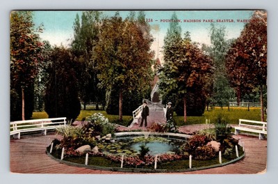 Seattle WA-Washington, Scenic View Madison Park and Fountain Vintage Postcard-image
