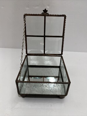 Trinket Jewelry Box Glass Mirrored Footed Etched Flowers By Sunflower Studio-image