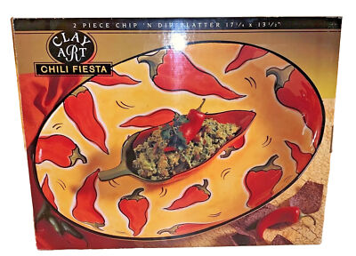 Clay Art-Chili Fiesta 2 Pieces Chip & Dip Large Platter -NEW in BOX Hand Painted-image