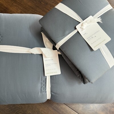 POTTERY BARN TENCEL TUFTED KING COMFORTER & 2 SHAM SET ~ STEEL BLUE-image