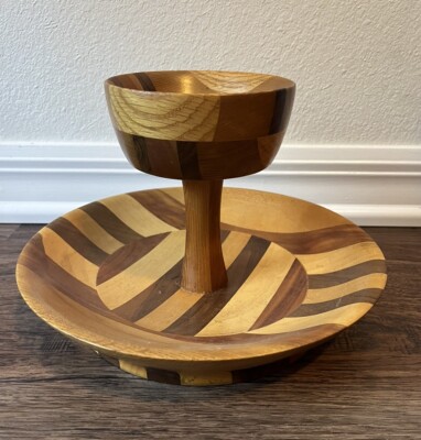 Vintage Chip N Dip Bowl Two Tier Wooden Walnut Wood - Great Piece!-image