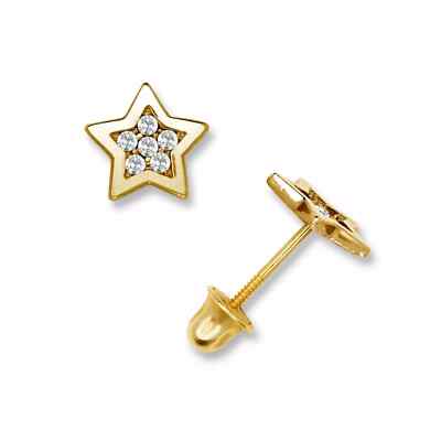 Authentic 14K Solid Gold Fancy CZ Star Shaped Halo Screw Back Birthstone Studs-image