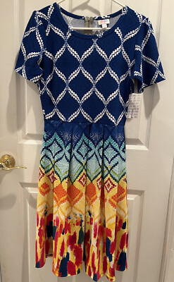 NWT Lularoe Amelia Large Dipped Ombré Blue Diamonds Yellow, Orange Blue Large L-image