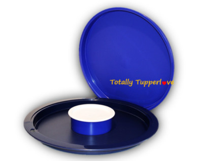 Tupperware Large Serving Tray w/ Snack Cup Round Blue & White Vintage NOS-image