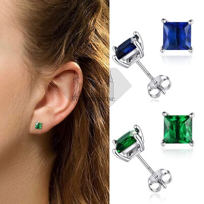 925 Sterling Silver Square Cut Lab Created Princess Studs Earrings -image