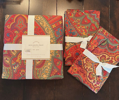 Pottery Barn Mira Paisley Sateen Duvet Cover Full Queen & 2 Standard Shams New-image