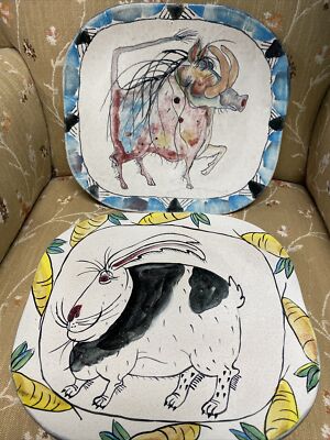 2 Suki Diamond Studio ￼Hand Painted Animal 11” Plates Rabbit Warthog ￼TLC-image