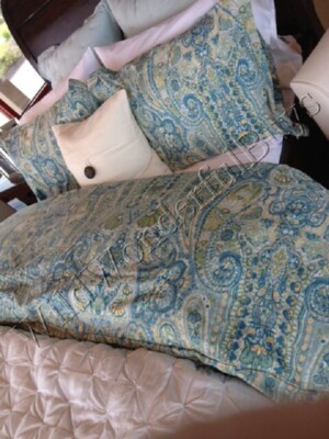 Pottery Barn Rosalie Duvet Cover Blue Queen 2 Euro Shams Floral Paisley Rare🦩-image