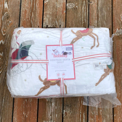 Pottery Barn Kids Holiday Heritage Santa Quilt 86x86 Full Queen Size Christmas-image