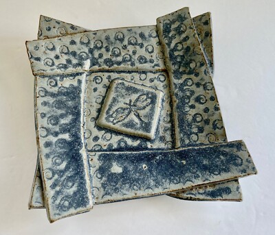 Studio Art Pottery Denim Blue With Dragonfly Textured Dish Tray Glazed Signed-image