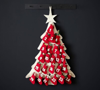 POTTERY BARN - New RED STOCKING Wool Tree-Shaped Advent Calendar - 45