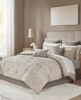 Madison Park Maisie Khaki 12 Piece Jacquard Comforter Set w Bed Sheets King-image