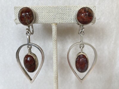 Vtg modernist artisan studio earrings sterling silver carnelian jasper teardrop-image