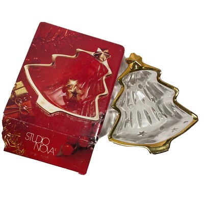 Studio Nova Christmas Tree Shaped Yuletide Gold Trimmed Glass Dinner Mints Dish-image