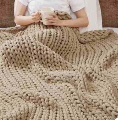 Madison Park Chunky Knit Handmade Throw Blanket SIZE 50X60 COLOR TAN NIP-image