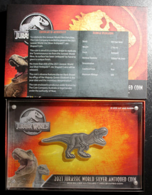 2021 Jurassic World 2 oz .999 Fine Silver T-Rex Shaped Coin **ONLY 600 MINTED**-image