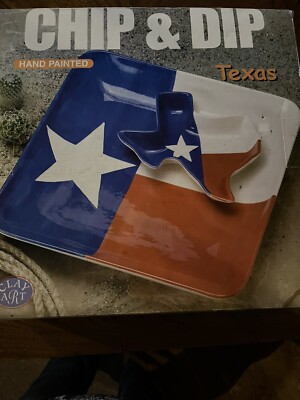 NEW Clay Art TEXAS FLAG Chip & Dip Serving Platter Set Lonestar Rare Tray-image