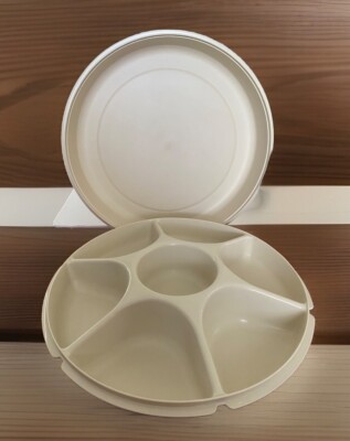 VTG Tupperware 13” Divided Veggie Fruit Dip Snack Party Tray 1665-3 Lid 1666-1 -image