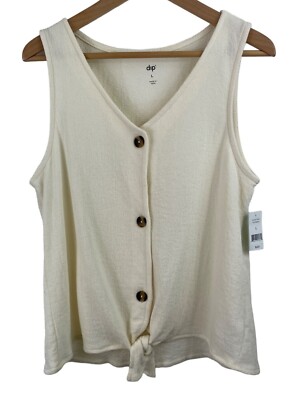 Dip Womens Size Large Cream Cropped Tie-Hem Textured-Knit Sleeveless Top-image