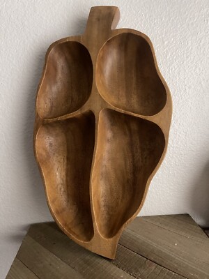 Vintage Wooden Chili 🌶️ Shaped Serving Snack Tray Bowl Chips Salsa Fiesta Dip-image