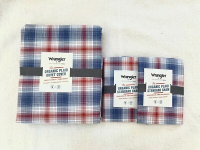 Pottery barn Wrangler Plaid Duvet Cover Shams Navy Red Plaid cotton 3pc Queen-image
