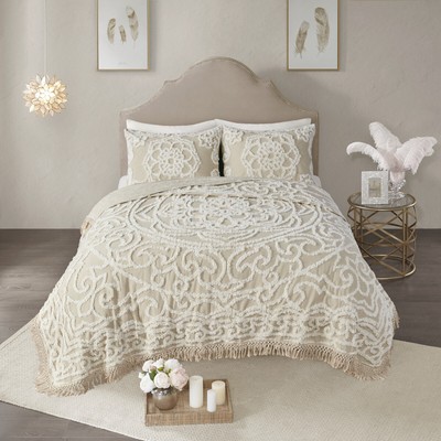 Tufted Cotton Chenille Medallion Fringe Coverlet Mini Set Taupe King/Cal King-image