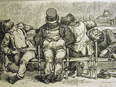 New York City MADISON PARK Tramps Sleeping on Bench 1878 Antique Print Matted-image