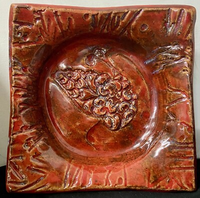 JENNIE HILLMAN Studio Pottery Red Abstract Square Trinket Dish Ashtray-image