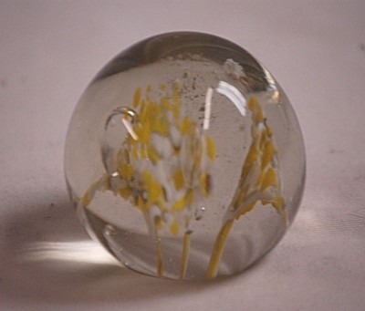 Studio Art Glass Paperweight Sphere Shaped Bubbles Yellow White Flowers-image