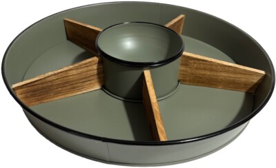 Wood Partitions Matte Green 16 inch Metal Enamel Divided Chip and Dip Tray-image