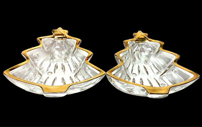 2 Christmas Tree Shaped Glass Bowls Gold Rim Candy Nut Dishes Holiday Decor-image