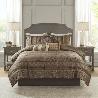 7 Piece Jacquard Comforter Set Brown/Gold Queen-image