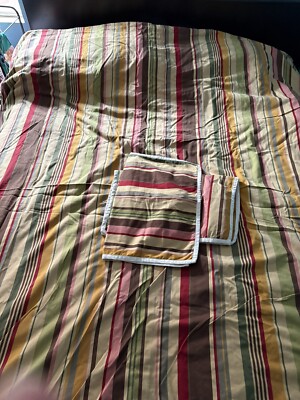 Queen Duncan Stripes POTTERY BARN Heavy Duvet Cover. 2 STD Shams. Reversible EUC-image