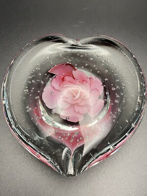 Art Glass Heart Shaped Paperweight  w/ Pink Rose & Controlled Bubbles, 4