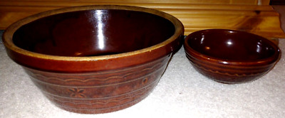 VINTAGE MARCREST LARGE BOWL CHIPS SMALL BOWL DIP ? USA BROWN MIRROR GLAZE ESTATE-image