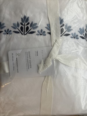 Pottery Barn Blossom Floral Embroidered TWIN Duvet Cover - Blue - NEW-image
