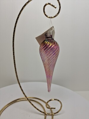 Hand Blown Art Glass Eye Studio Christmas Ornament Purple Pink White Teardrop B1-image