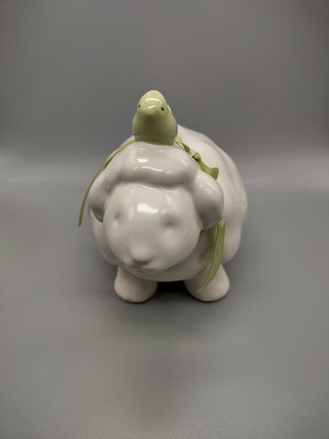 Pottery Barn White Lamb/Sheep W/ Green Bird Money Bank -image
