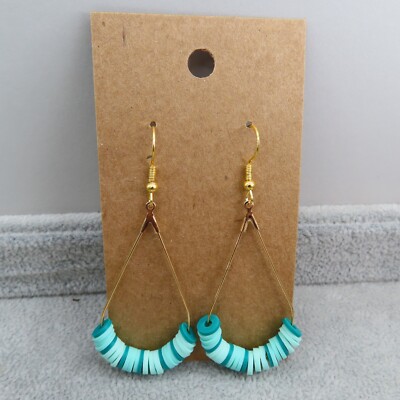 Pemby Studio AQUA TURQUOISE Teardrop Hoop Earrings Soft Clay Beads Gold Tone New-image