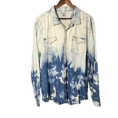 Levis Denim Shirt Mens Sz XXL Bleach Dipped Pearl Snap Long Sleeve Jean Med Wash-image