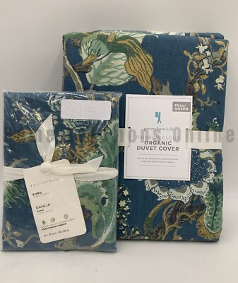 Pottery Barn Dahlia Floral Cotton Duvet Cover Full Queen 1 Sham Euro Blue #R58-image