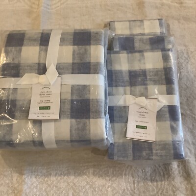 Pottery Barn Rhett Check Organic Percale King Duvet w/ 2 Euro Shams #6773-image