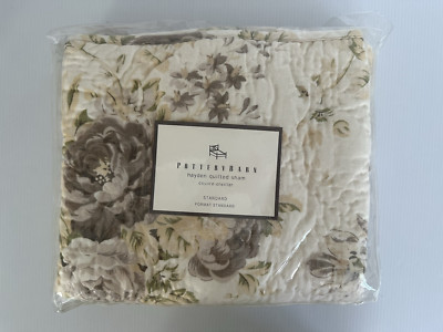 Pottery Barn ~ HAYDEN Quilted Floral Standard Sham Cottage Cotton Linen Neutrals-image