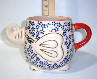 Yokohama Studio Japan Ceramic & Enamel Blue Floral Elephant Mug Cup 20oz-image