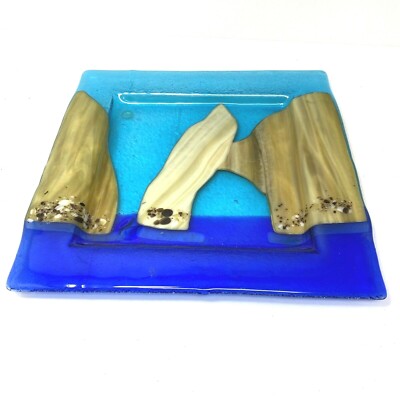 Studio Art Glass Decorative Plate  Square Fused Glass Blue Beige Beach Coastal-image