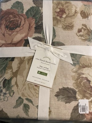 POTTERY BARN RITA FLORAL  KING/CAL KING DUVET COVER LINEN COTTON BLEND NEW-image