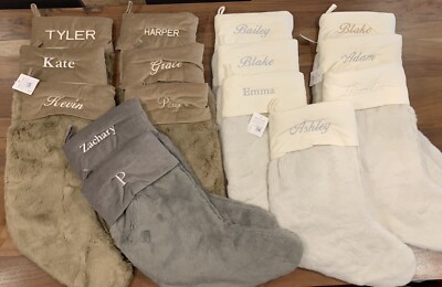 NEW Pottery Barn Oversized Faux Fur Monogrammed Stocking, Plush, Ivory Grey Tan-image