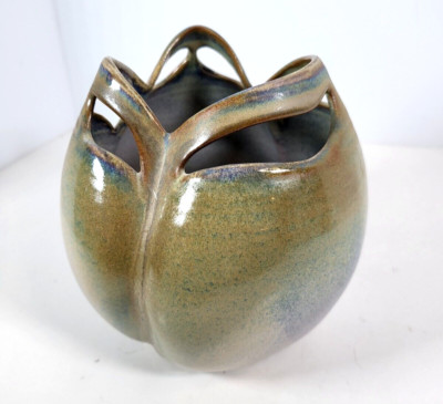 Studio Pottery Floral Flower Shaped Vase Cut Out Design Signed Browns Blues Gold-image