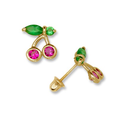 14K Yellow Gold Cherry Shaped Ruby & Emerald CZ Stone Stud Earrings for Women-image